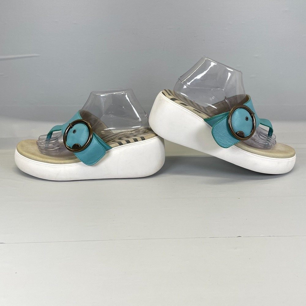 Fly London Dafi Wedge Sandals Womens Size 41 US 10 Blue Leather Buckle Shoes - Picture 6 of 10